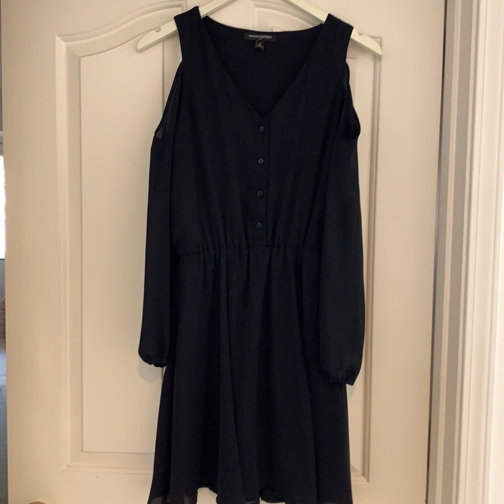 Banana republic black long sleeve sheer dress with peekaboo sleeves mid length